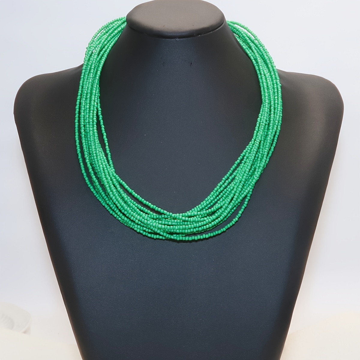 Boho Green Seed Bead Necklace Vintage Layered Jewelry